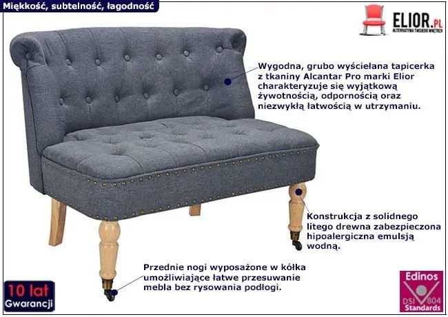 Romantyczna mała sofa Edme - szara