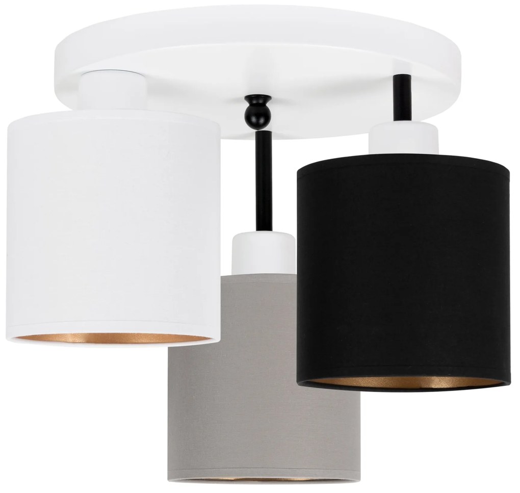 Lampa sufitowa biała trzypunktowa z szaro-czarno-białymi abażurami C-3