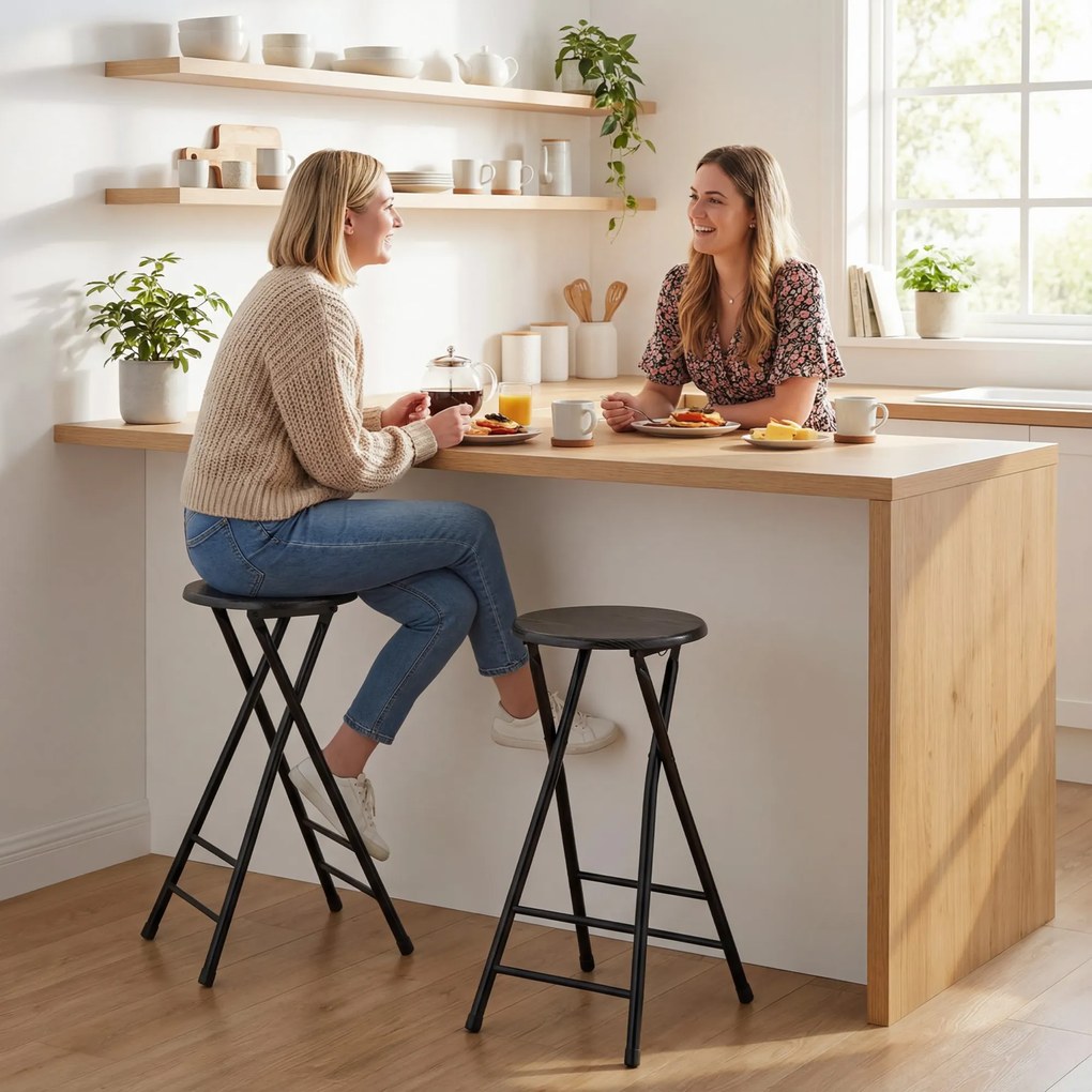 HOMCOM Stołki barowe 2 szt., składane krzesło barowe ze stalową ramą, krzesła kuchenne z podwójnym podnóżkiem 34 x 30 x 70 cm czarne | Aosom PL