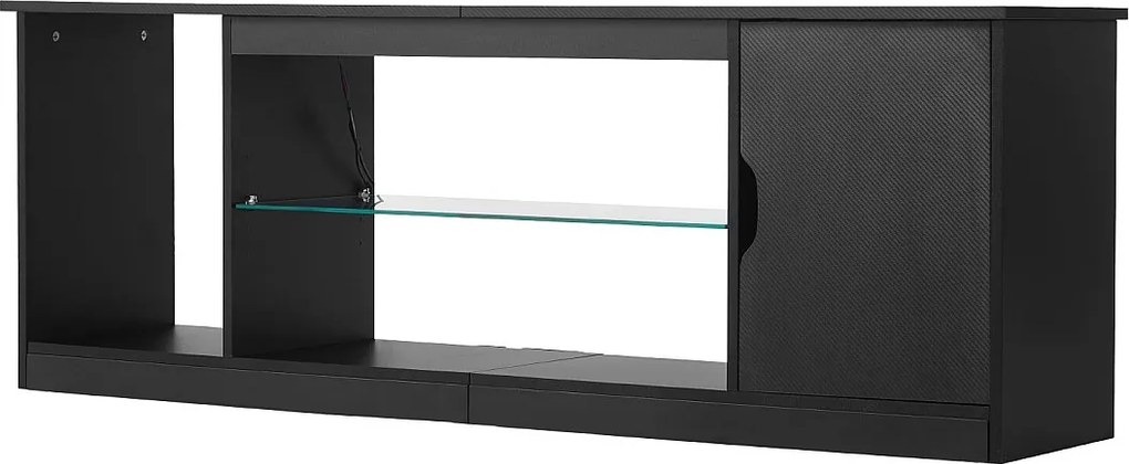 Szafka TV SucceBuy na Ekrany do 165 cm, Nowoczesna Szafka Drewniana z Oświetleniem LED, Regulowane Półki Szklane i Miejsce do Przechowywania