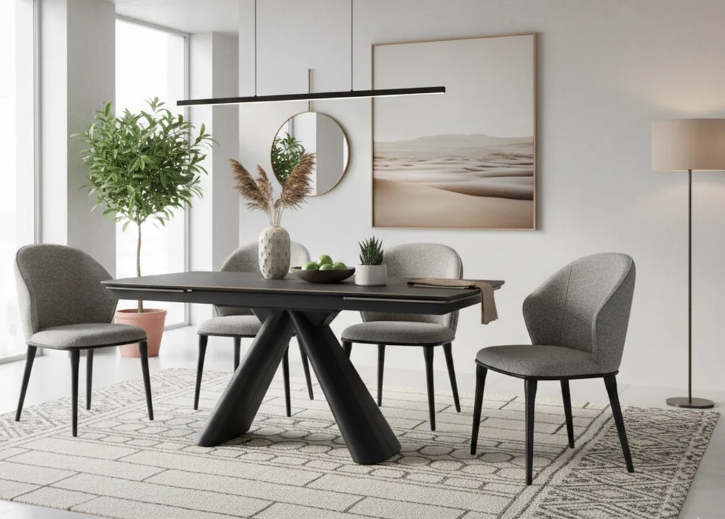 Elegancki stół z szarym ceramicznym blatem na hartowanym szkle. Metalowa podstawa z czarnej stali nadaje mu nowoczesny charakter i wyjątkową trwałość.