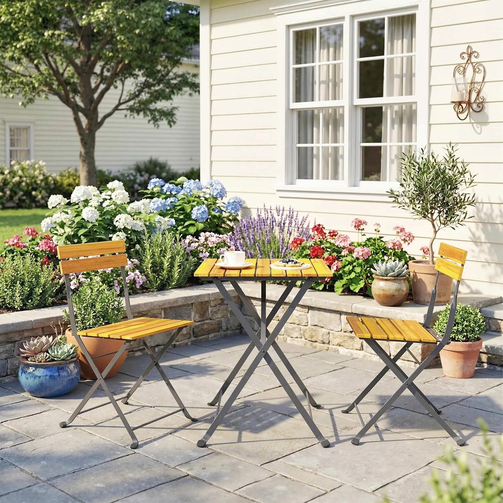 Outsunny Zestaw 3-częściowy dla 2 osób: Stół i 2 składane krzesła na taras, balkon, Teak | Aosom PL