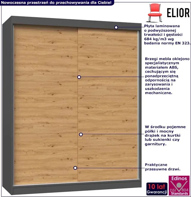 Nowoczesna szafa do przedpokoju dąb artisan antracyt 160 cm - Stoflis 6X