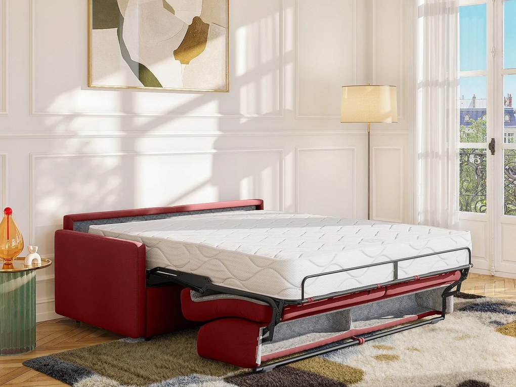 Kanapa 4-osobowa rozkładana typu express z czerwonej tkaniny z siedziskiem z pianki z pamięcią kształtu - Powierzchnia spania 160 cm - Materac 22 cm z siedziskiem z pianki z pamięcią kształtu CALIFE
