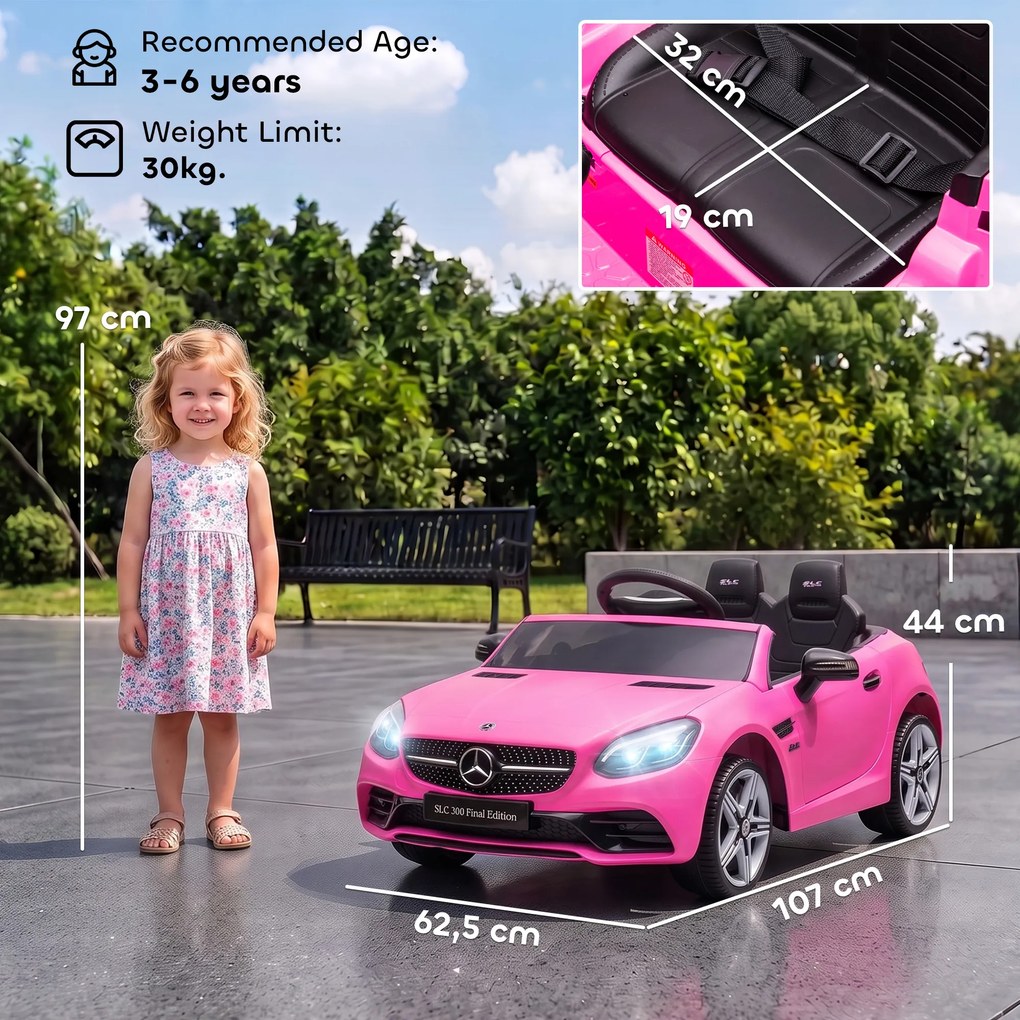 AIYAPLAY Elektryczny samochód dla dzieci, reflektory LED, pas bezpieczeństwa, klakson, muzyka, 3-5 km/h, różowy, 107 x 62,5 x 44 cm | Aosom PL