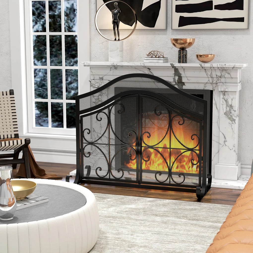 HOMCOM Siatka przeciw iskrom dla kominka, elegancki wzór, podwójne drzwi, magnetyczne zamknięcia, czarny, 105 x 40 x 80,5 cm