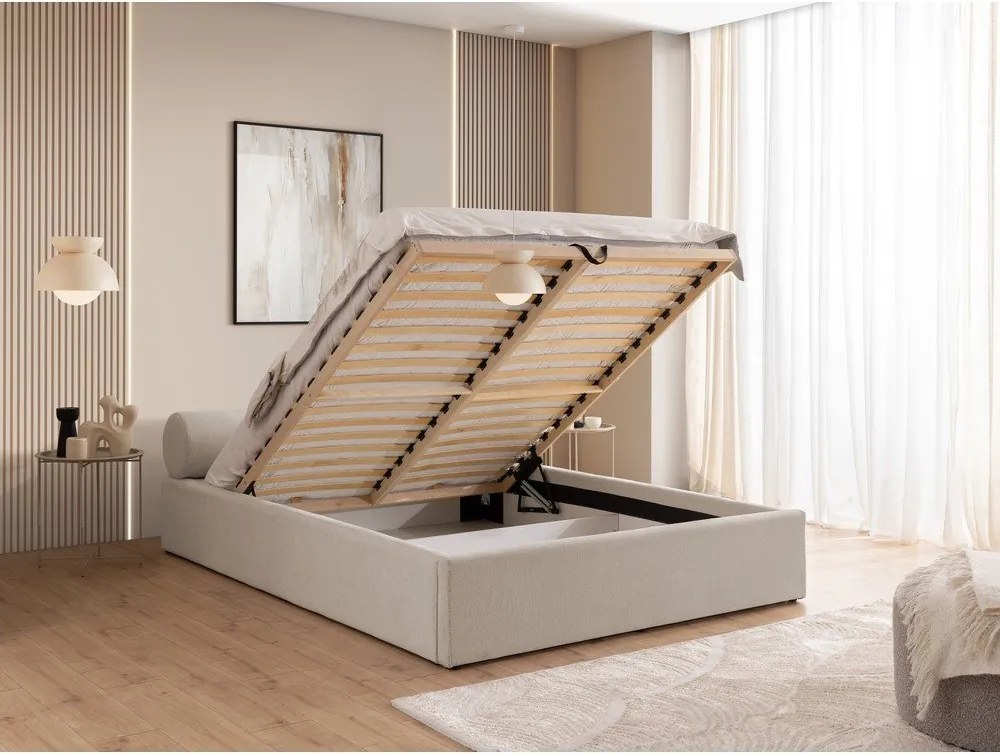 Beżowe tapicerowane łóżko dwuosobowe ze schowkiem i stelażem 160x200 cm Cille – Ropez