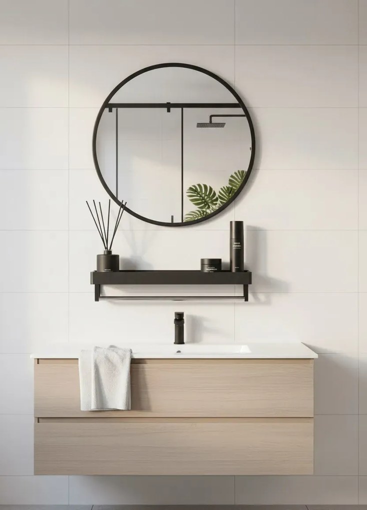 Czarne okrągłe lustro 80 cm z półką do łazienki L0-P29
