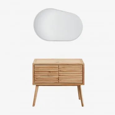 Zestaw Mebli Łazienkowych Z Drewna Deleyna Naturalna & Without Sink & Owalna Lampa Led I Przeciwmgielna 100x80 Cm Riben & Bez Kranu - Sklum