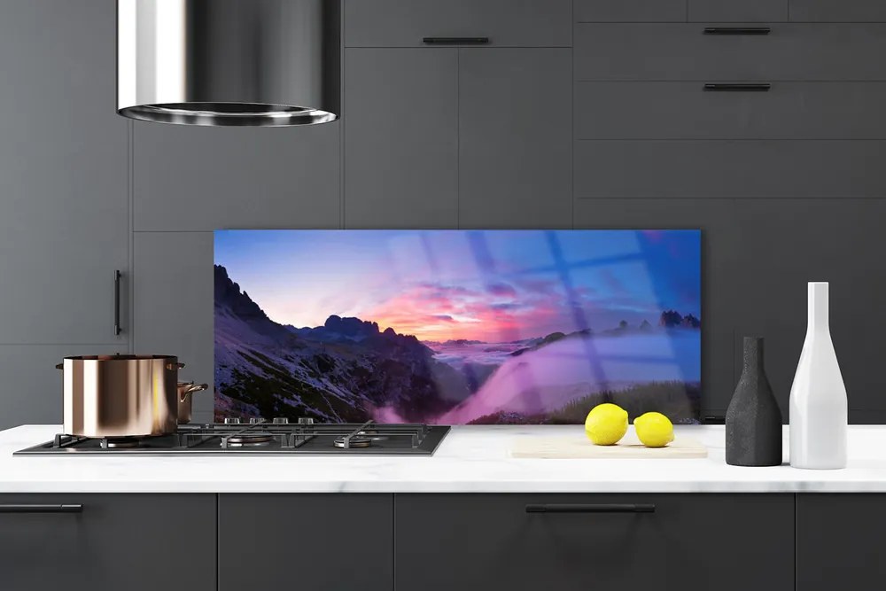 Panel Szklany do Kuchni Wschód Słońca w Zamglonych Szczytach