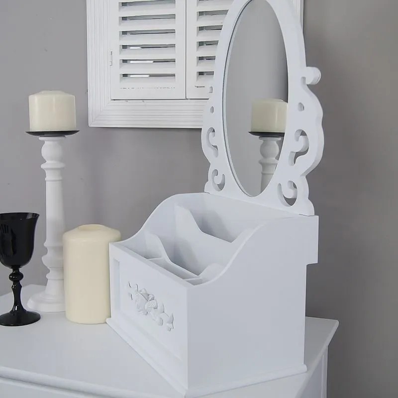 Stylowa toaletka z serii Romantic, przegrody, lustro, matowa biel.