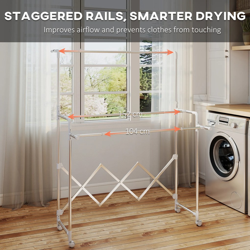 HOMCOM Stojak na pranie, składany suszarka stojąca z 3 regulowanymi prętami, stalowy wieżowy stojak na pranie na kółkach, wieża do suszenia prania do wnętrz i na zewnątrz
