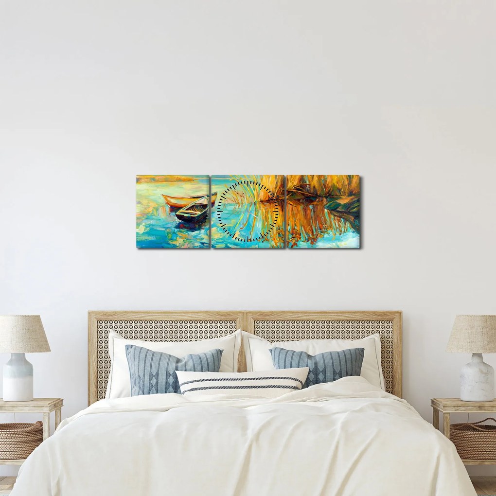 Obraz - Jezioro z łodziami (z zegarem) (90x30 cm)