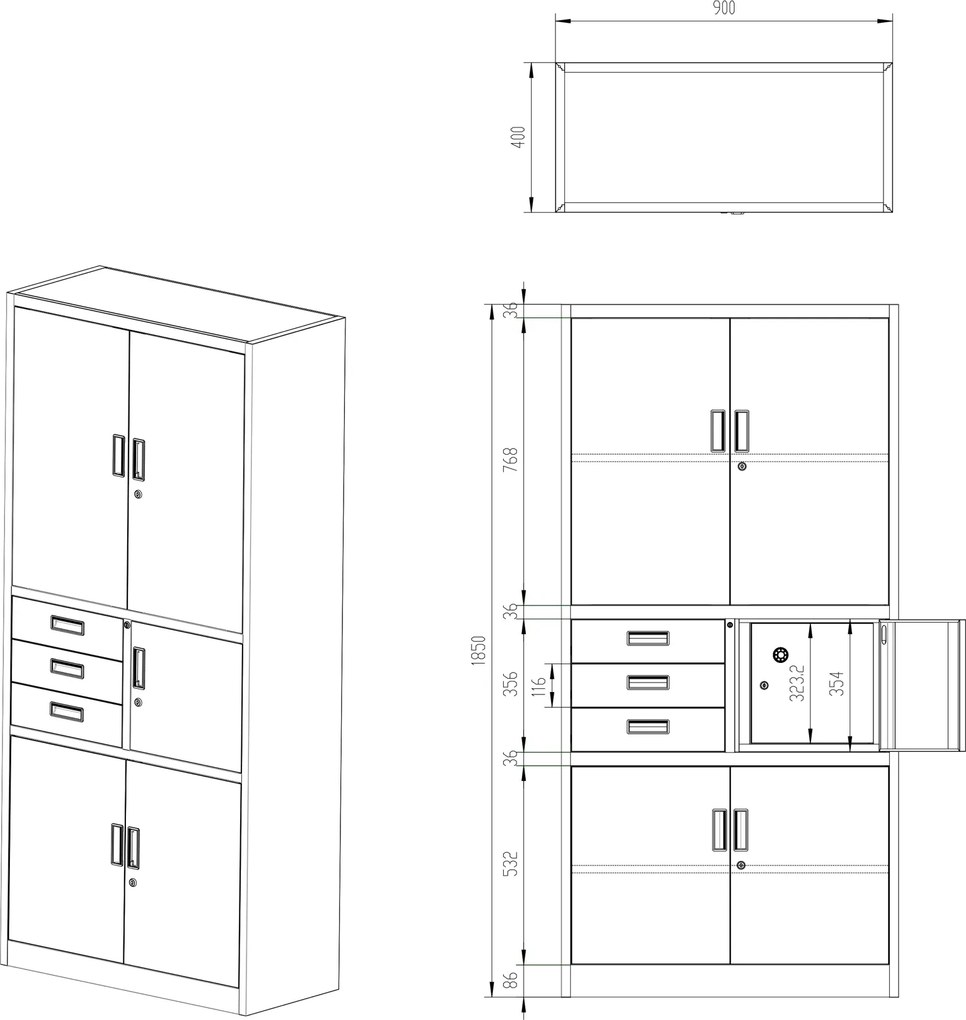 Biurowa szafa na akta z sejfem Filip II 90x40x185 cm antracyt/biały