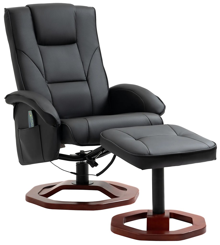 HOMCOM Fotel Masujący z Podnóżkiem, 10 Punktów Masujących, Funkcją Leżenia, Obrotowym Siedziskiem, Czarny, 73 x 83 x 106cm