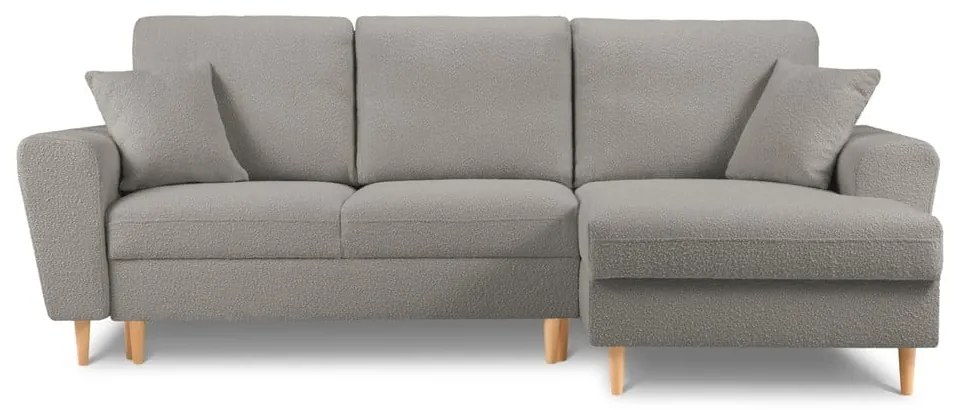 Jasnoszary rozkładany/ze schowkiem narożnik z materiału bouclé (prawostronny/z szezlongiem) Kyoto – Cosmopolitan Design