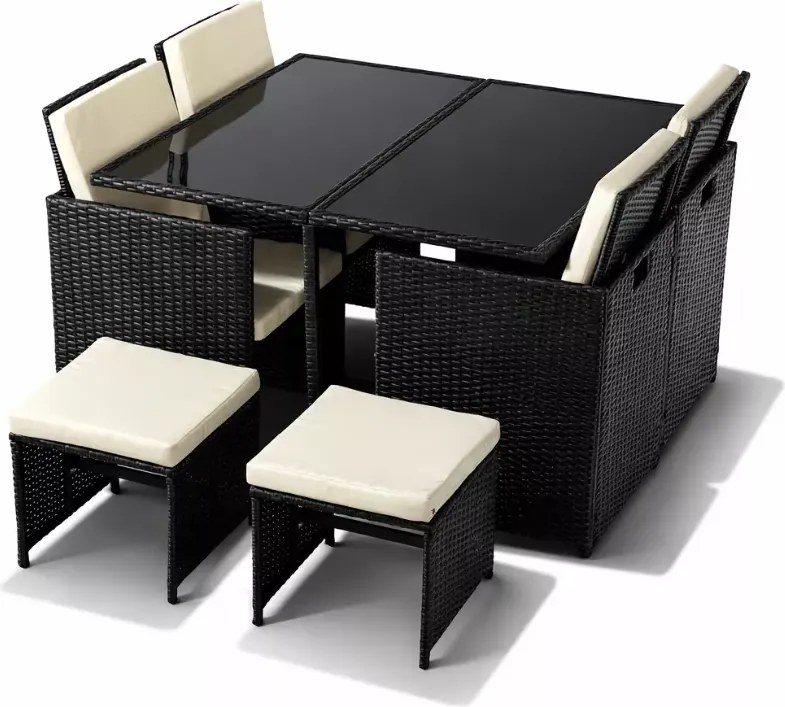 Zestaw mebli ogrodowych Concept technorattan 4 fotele + 2 pufy stół szkło hartowane czarny/kremowy taras balkon patio