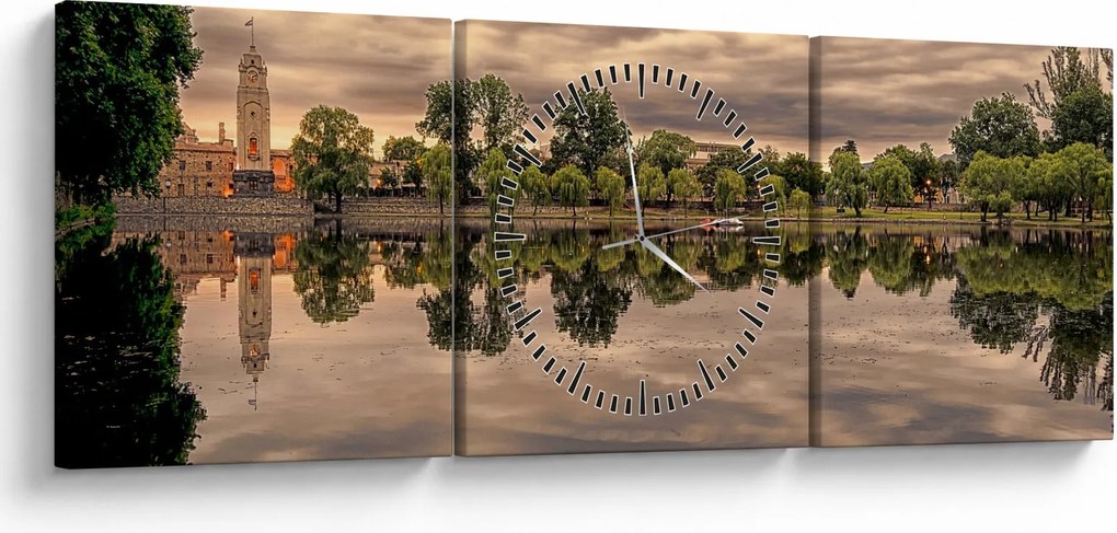 Obraz jeziora i drzew (z zegarem) (90x30 cm)