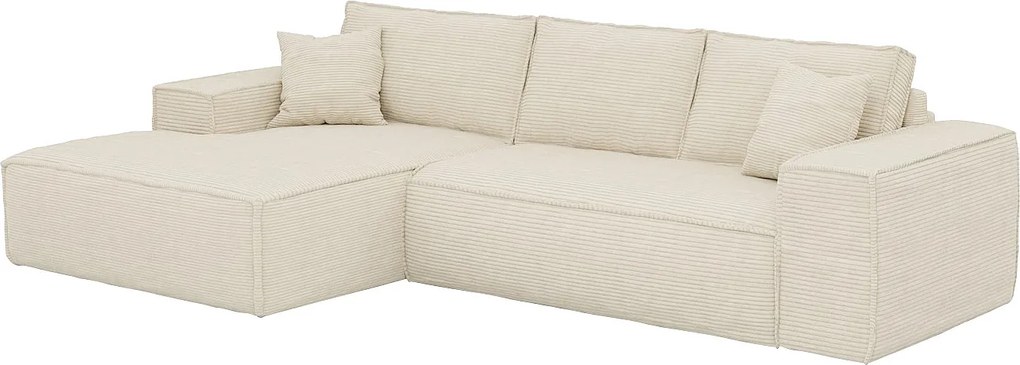 Kanapa narożna lewostronna rozkładana typu express z beżowego sztruksu - pow. spania 140 cm - Materac 14 cm z pamięcią kształtu - AMELIA