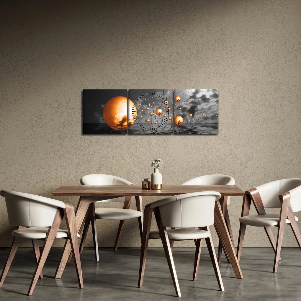 Obraz pomarańczowych abstrakcyjnych kul (z zegarem) (90x30 cm)