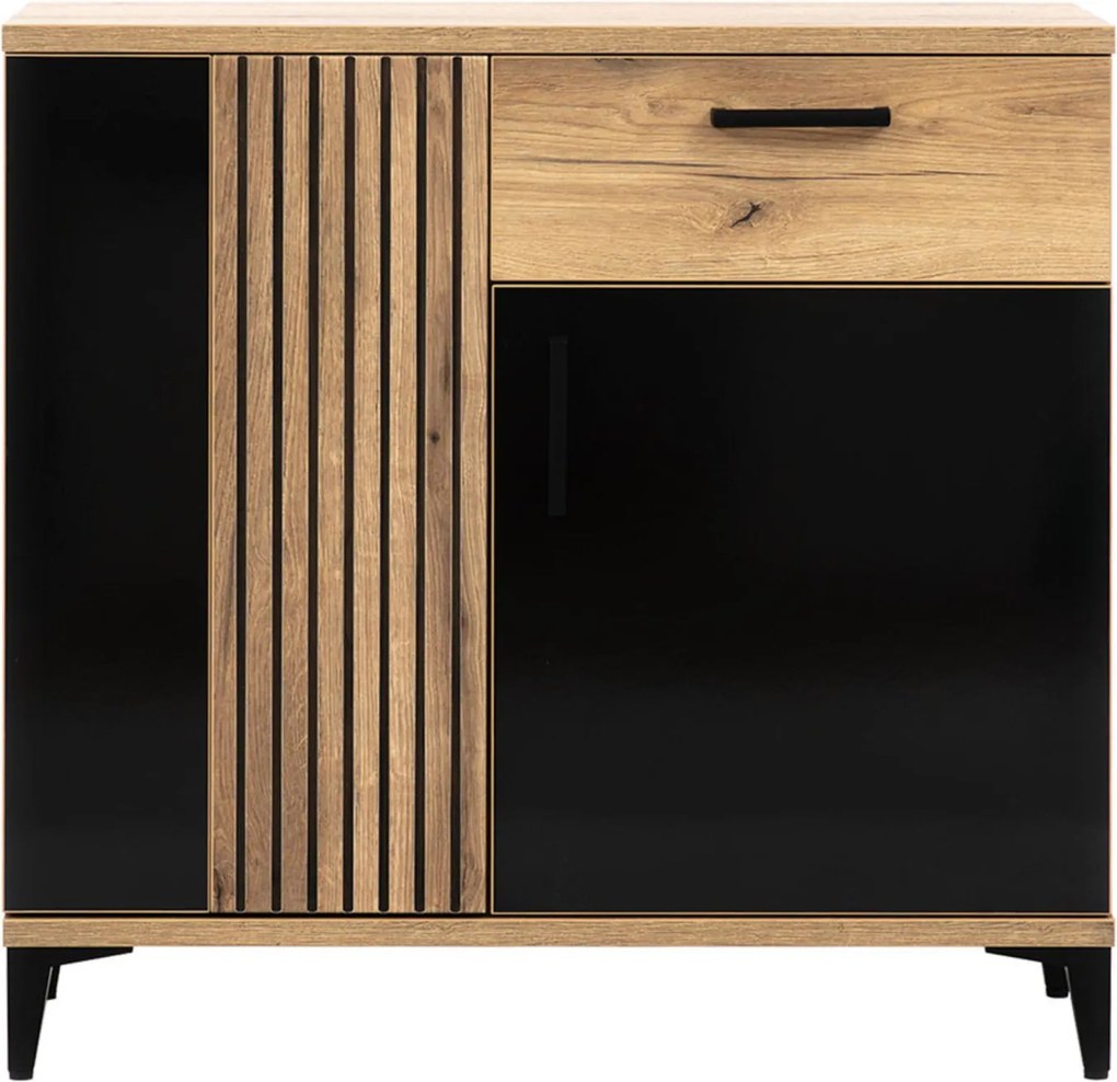 Komoda z Szufladą i Lamelami do Przedpokoju DYNAMO 88,5 cm Dąb evoke / czarny połysk Loft