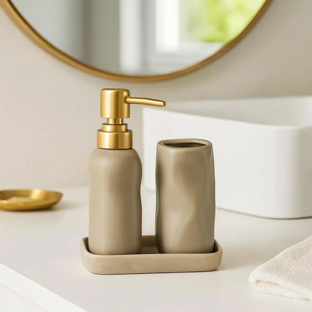 Zestaw łazienkowy EON, ceramiczny dozownik ze złotą pompką, kubek i taca