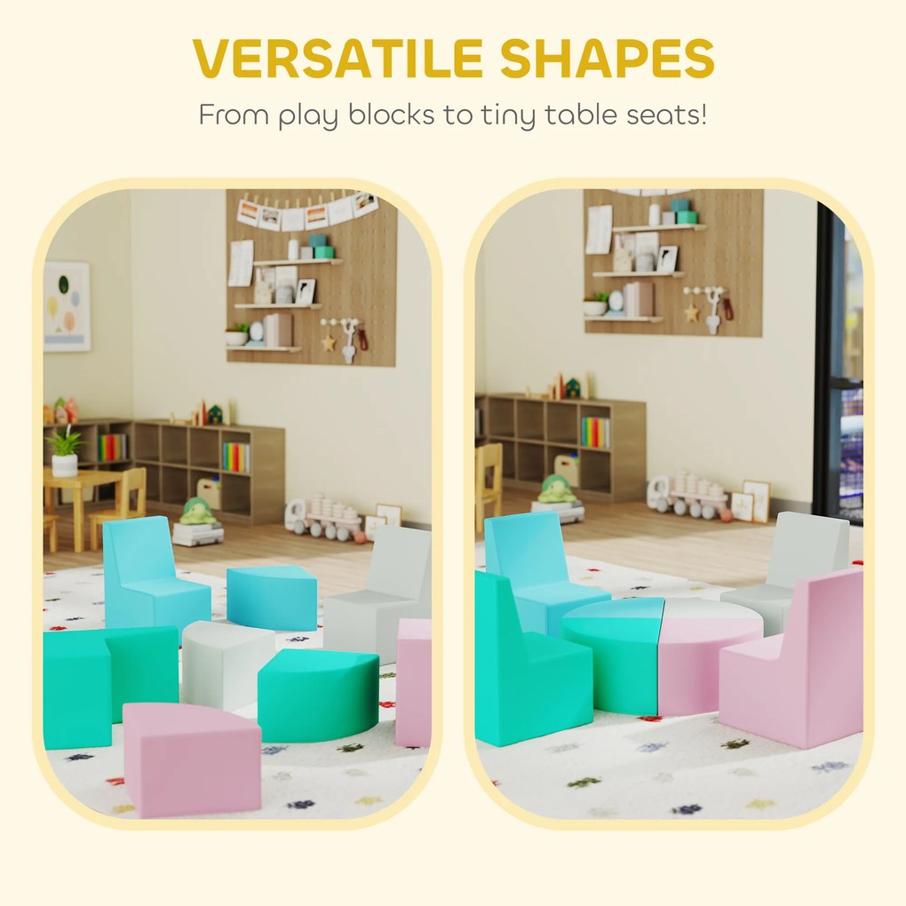 AIYAPLAY 8-częściowy zestaw klocków z pianki dla dzieci z funkcją stolika i siedzisk, miękkie klocki z materiału PU, wielokolorowe | Aosom PL