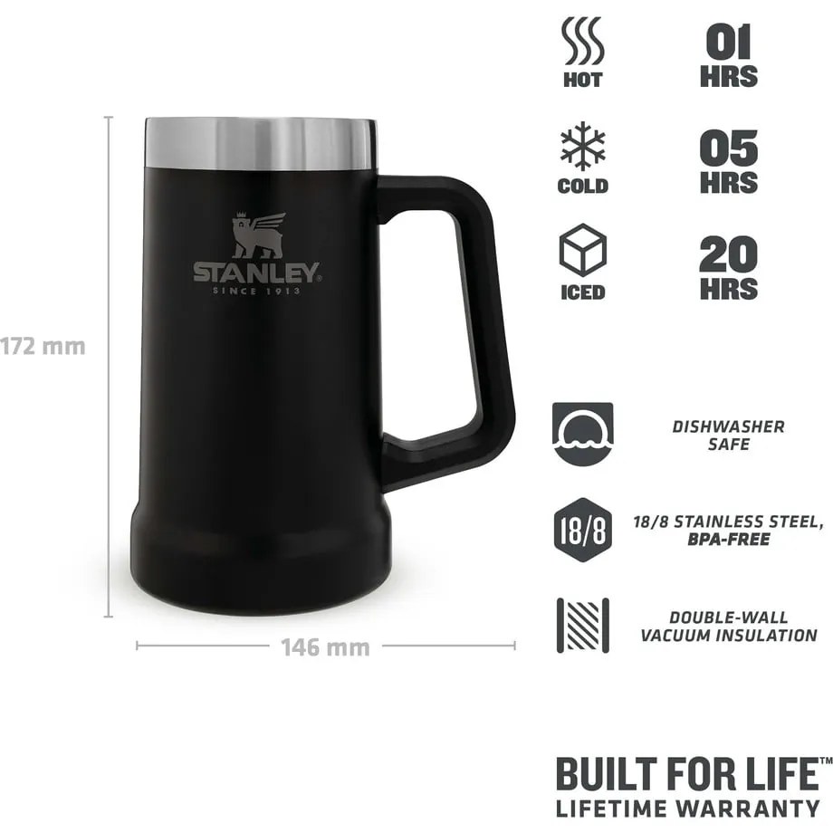 Czarny kubek termiczny ze stali nierdzewnej 700 ml The Big Grip Beer Stein Black – Stanley