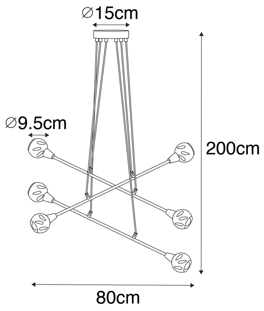 Lampa wisząca czarna z mosiądzem i przydymionym szkłem 6-świateł - Vidro