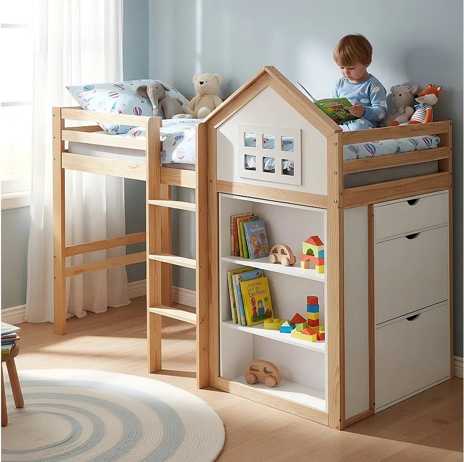 Łóżko piętrowe dla dzieci - 90 x 200 cm - z półką do przechowywania + szuflady + barierka - sosna + MDF - białe + naturalne