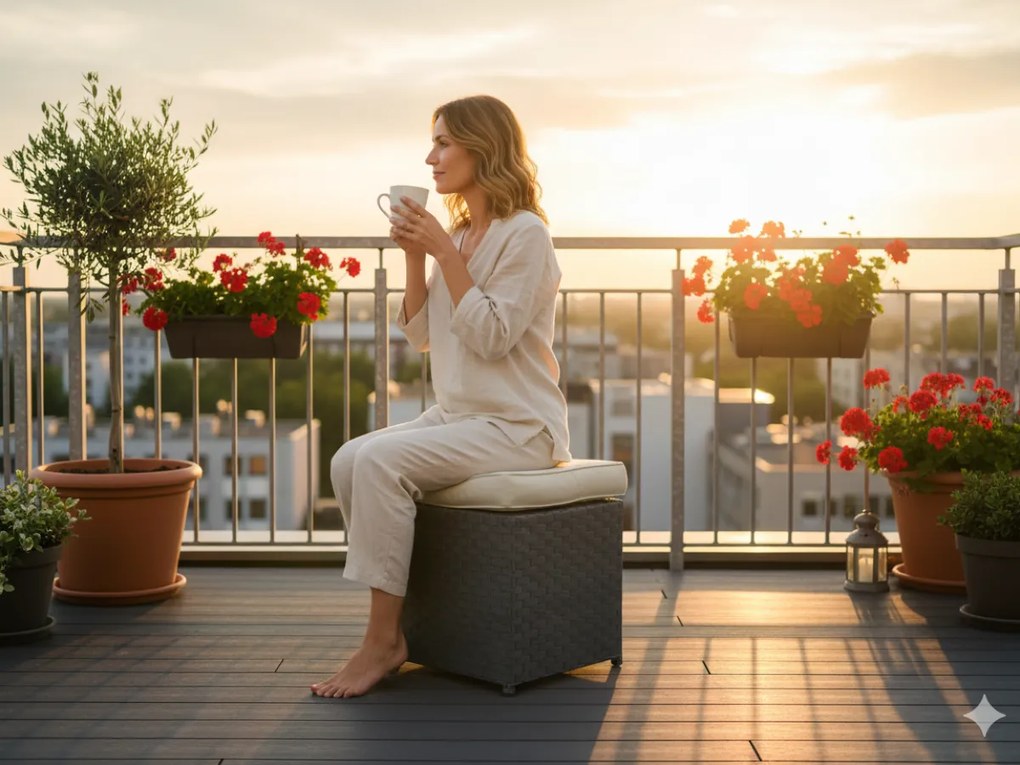 Pufa Ogrodowa Szary Technorattan Wygodna Poducha Podnóżek Na Balkon