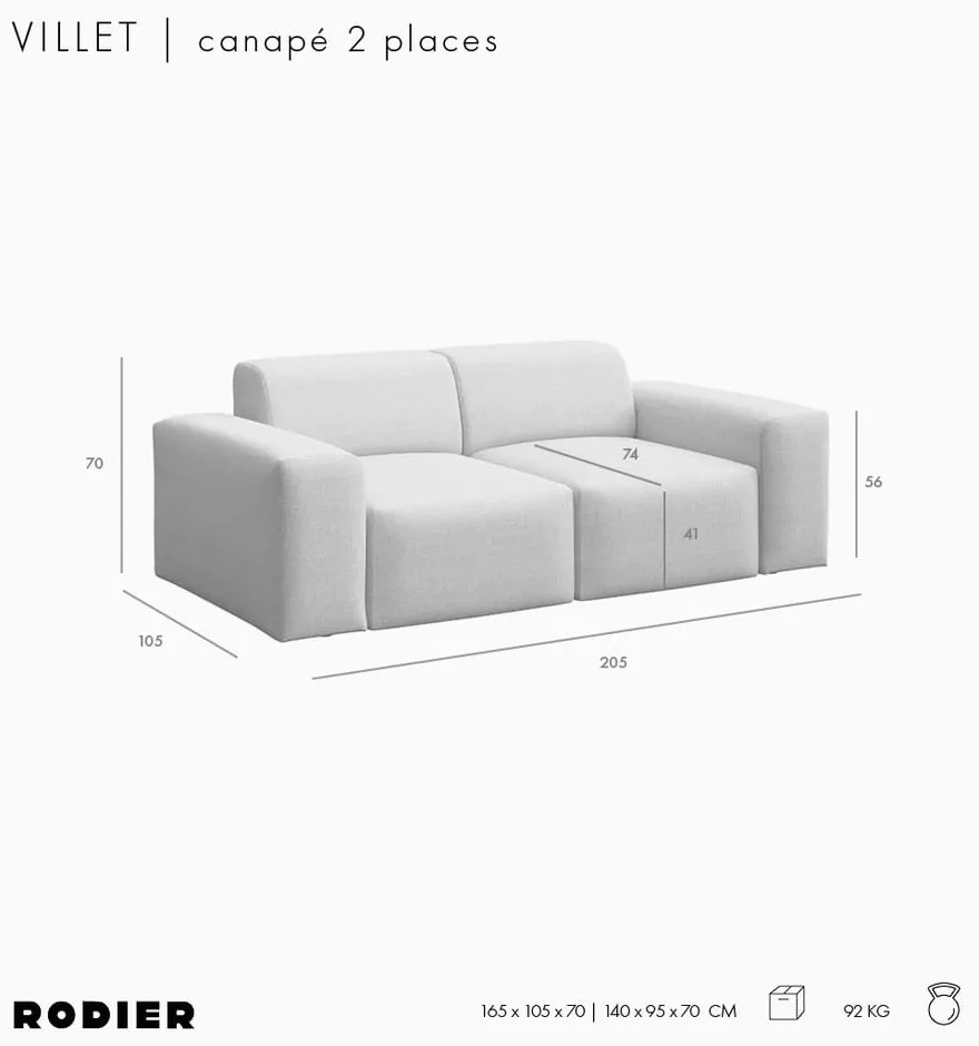 Szara aksamitna sofa 205 cm Villet – Rodier