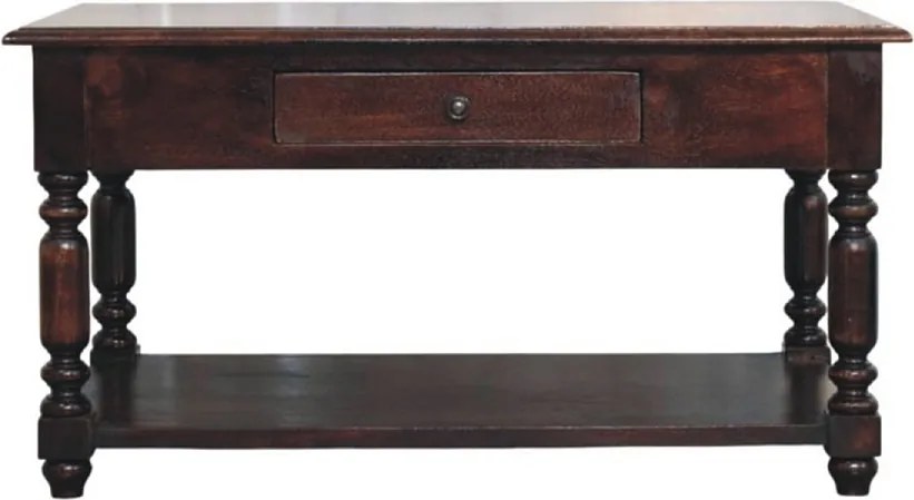 Konsola z litego drewna Artisan Furniture z toczonymi nogami, 1 szufladą i otwartą półką, ciemnobrązowa