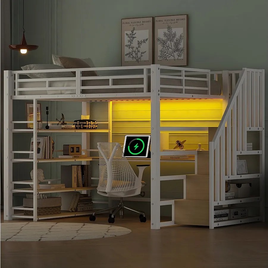 Łóżko piętrowe metalowe - 140 x 200 cm - z drabinką + biurko + półka + USB + diody LED - MDF + metal - białe