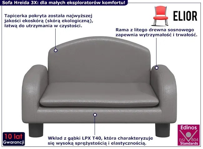 Szara kanapa dziecięca z ekoskóry - Velira 3X