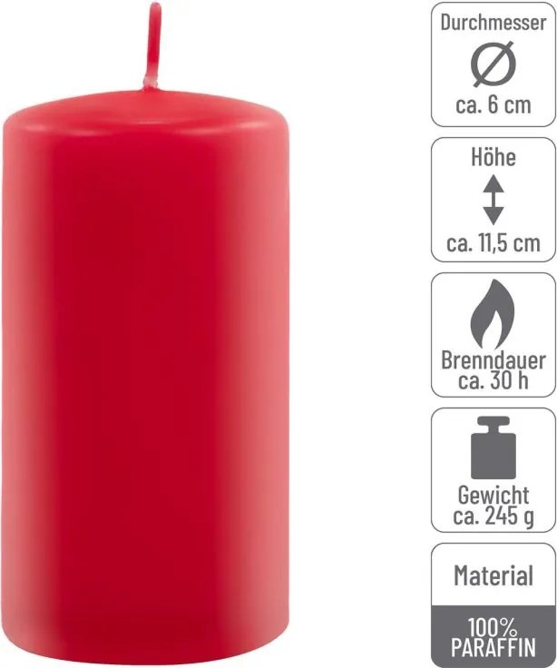 Zestaw świec filarowych, 11,5 cm, Ø 6 cm, czerwone, 6 szt.