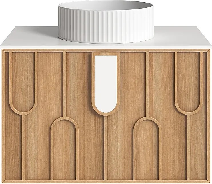 Wiszaca szafka łazienkowa teksturowana z okrągłą, prążkowaną umywalką nablatową - Jasny naturalny - szer. 75 cm - MERKAN