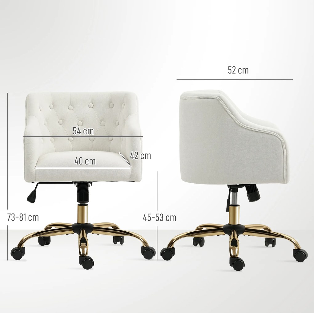 HOMCOM Wyściełane krzesło biurowe, Obrotowy fotel w wyglądzie lnu, Złote nogi, Regulowana wysokość, Kolor Beżowy