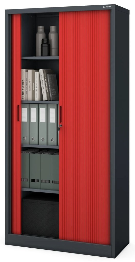 Metalowa szafa biurowa na akta z roletą DAMIAN, 900 x 1850 x 450 mm, antracytowo-czerwona