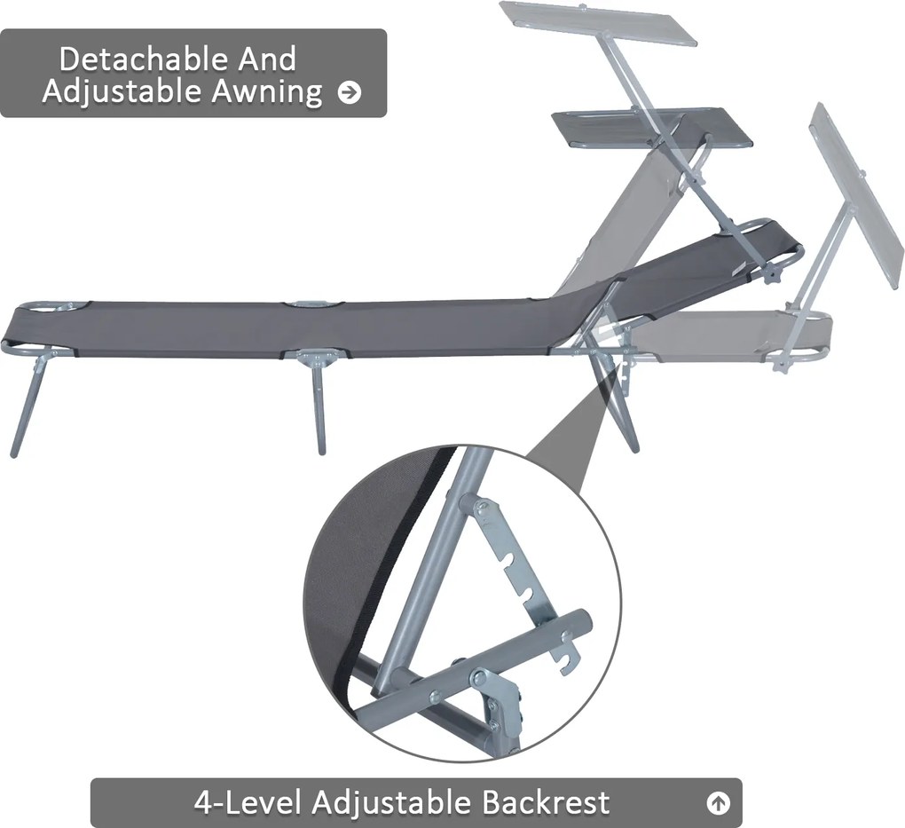 Outsunny leżak ogrodowy składany z daszkiem przeciwsłonecznym leżak plażowy szary 187x58x36 cm | Aosom PL
