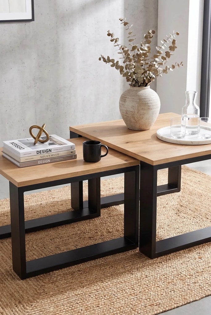 Dwa Loftowe Stoliki Kawowe Dąb Artisan + Czarny G0-K81