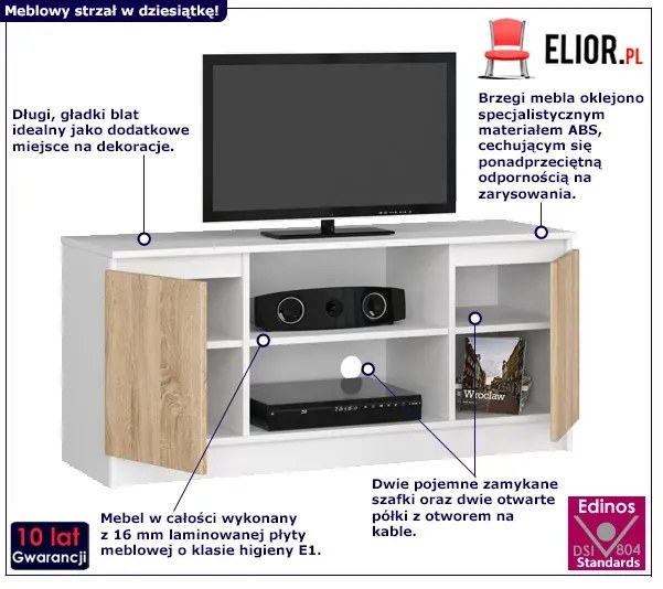 Skandynawska szafka RTV biała + dąb sonoma Onund