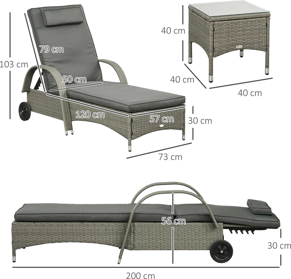 Outsunny Zestaw leżaków ogrodowych z technorattanu ze stolikiem, meble ogrodowe z poduszkami, 4 kolory