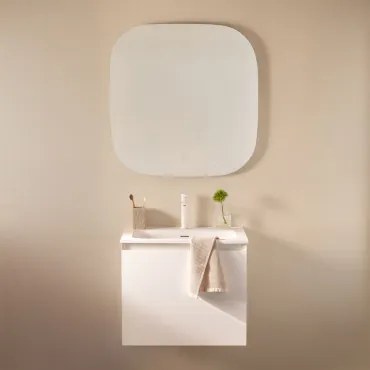 Zestaw Wiszących Mebli Łazienkowych Zintegrowany Z Umywalką Macrae Biała & Kwadratowa Lampa Led I Przeciwmgielna 75x75 - Sklum