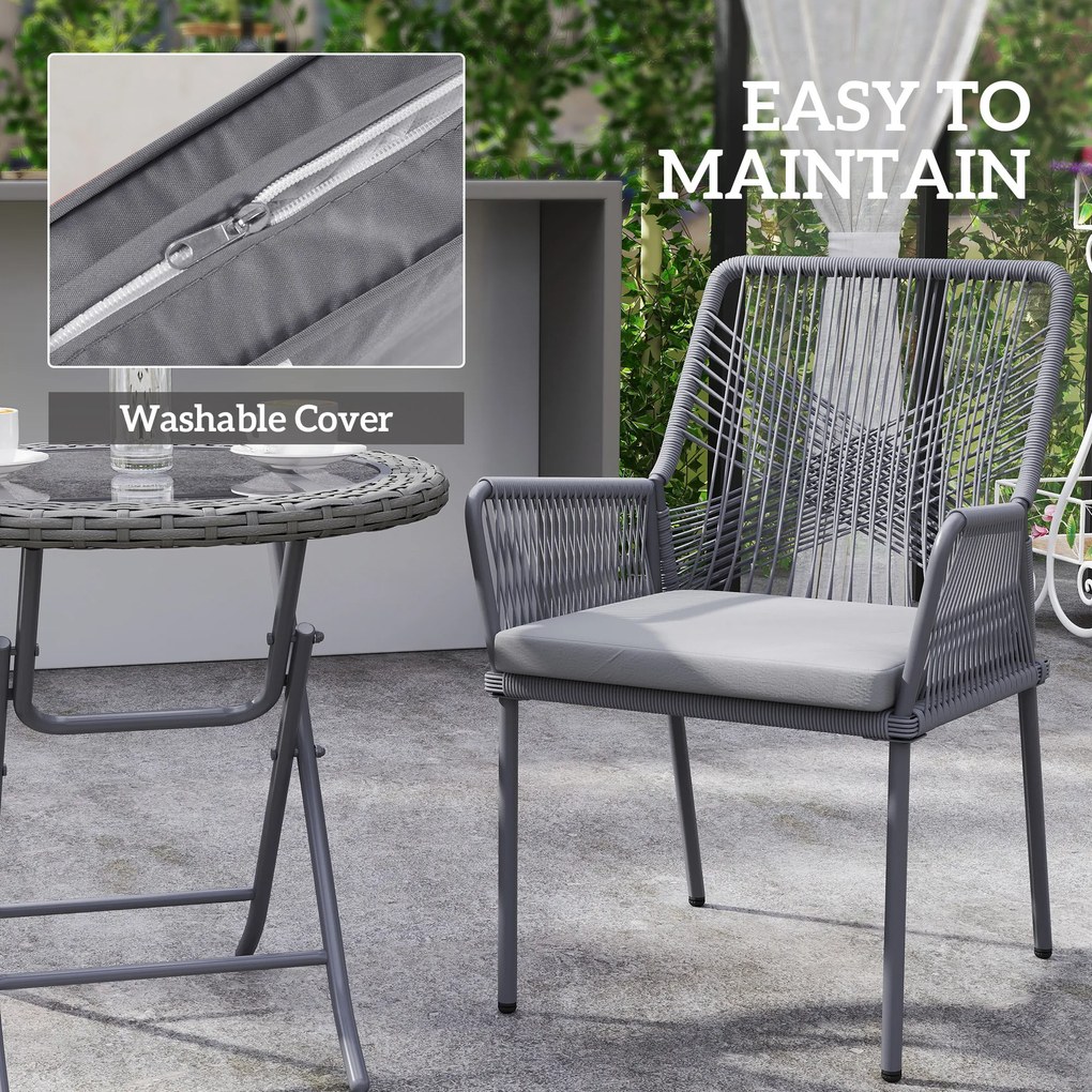Outsunny Zestaw 2 Krzeseł Ogrodowych, Krzesła Tarasowe, Zdejmowane Poduszki, Oparcie, Podłokietniki, Stal, Rattan, Ciemnoszary