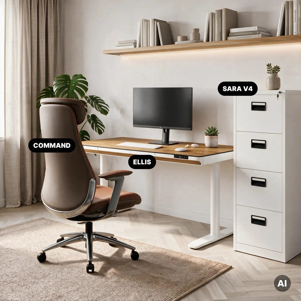 Biurko elektryczne sit-stand z szufladą i ładowarką bezprzewodową Qi białe/złoty dąb, 1400 mm: ELLIS
