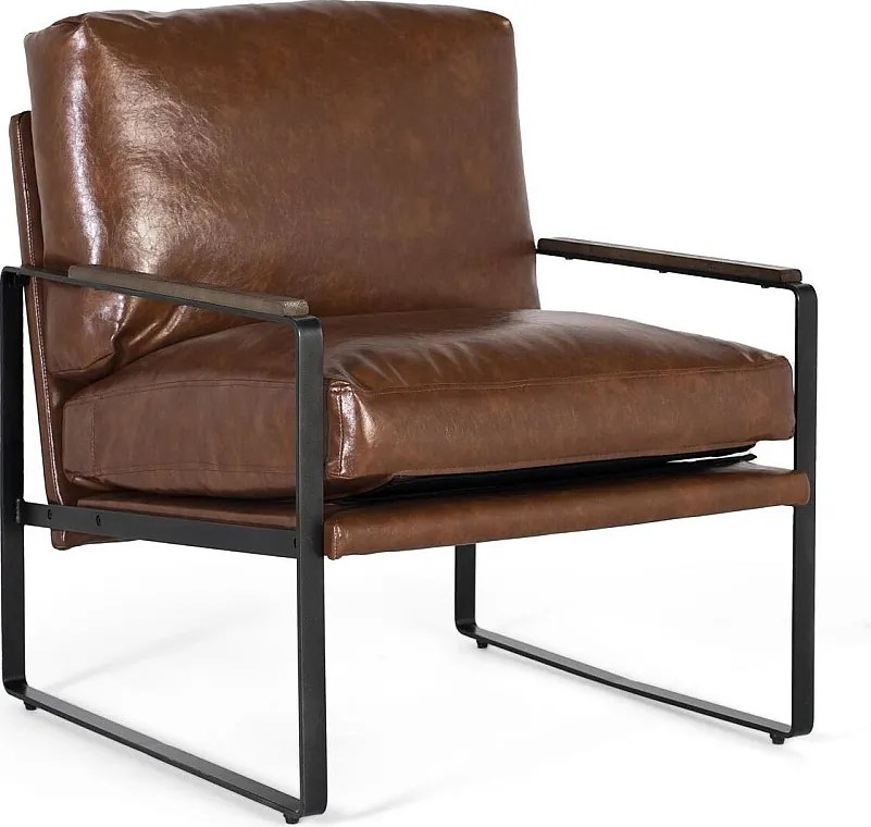 Fauteuil industriel en fer noir et simili cuir brun vieilli
