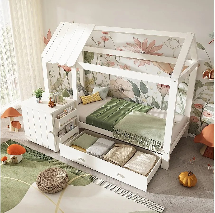 Łóżko dziecięce kabinowe - 90 x 200 cm - z 1 szufladą + wyjmowana szafka nocna - łóżko podłogowe - sosna + płyta MDF - białe