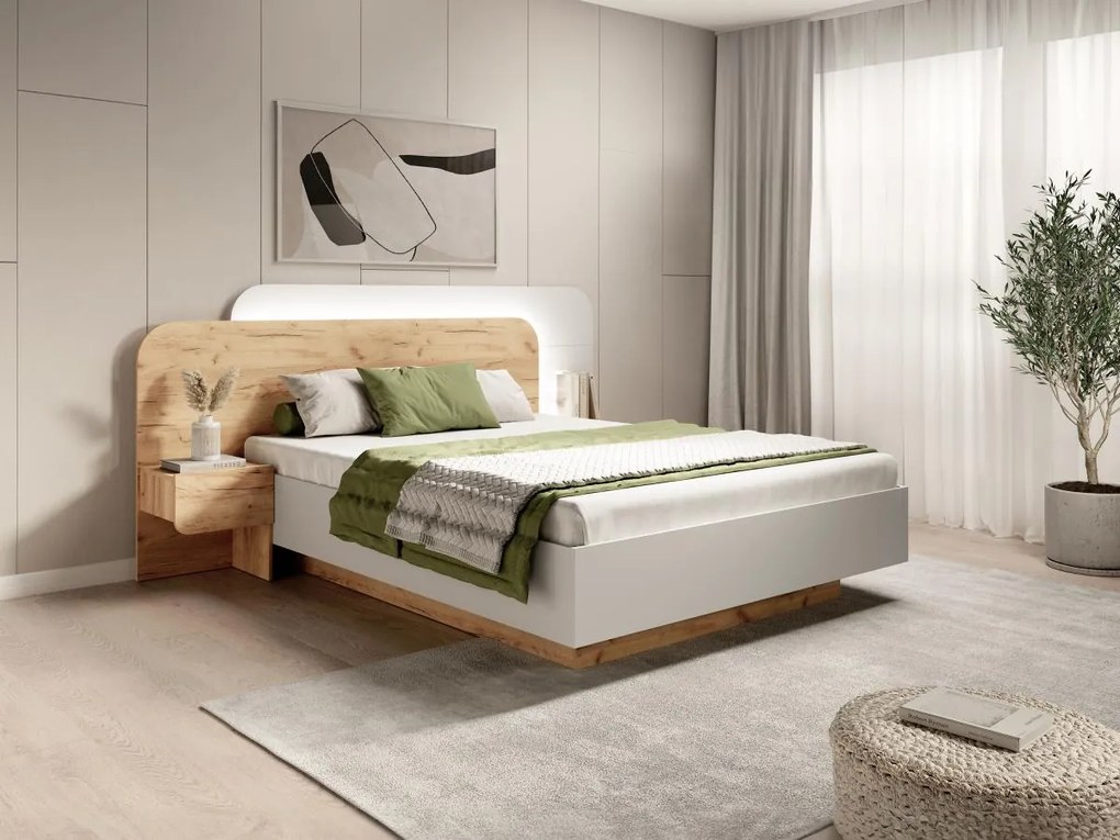 Łóżko z szafkami nocnymi 160 x 200 cm - Z oświetleniem LED - Naturalny i biały - DESADO