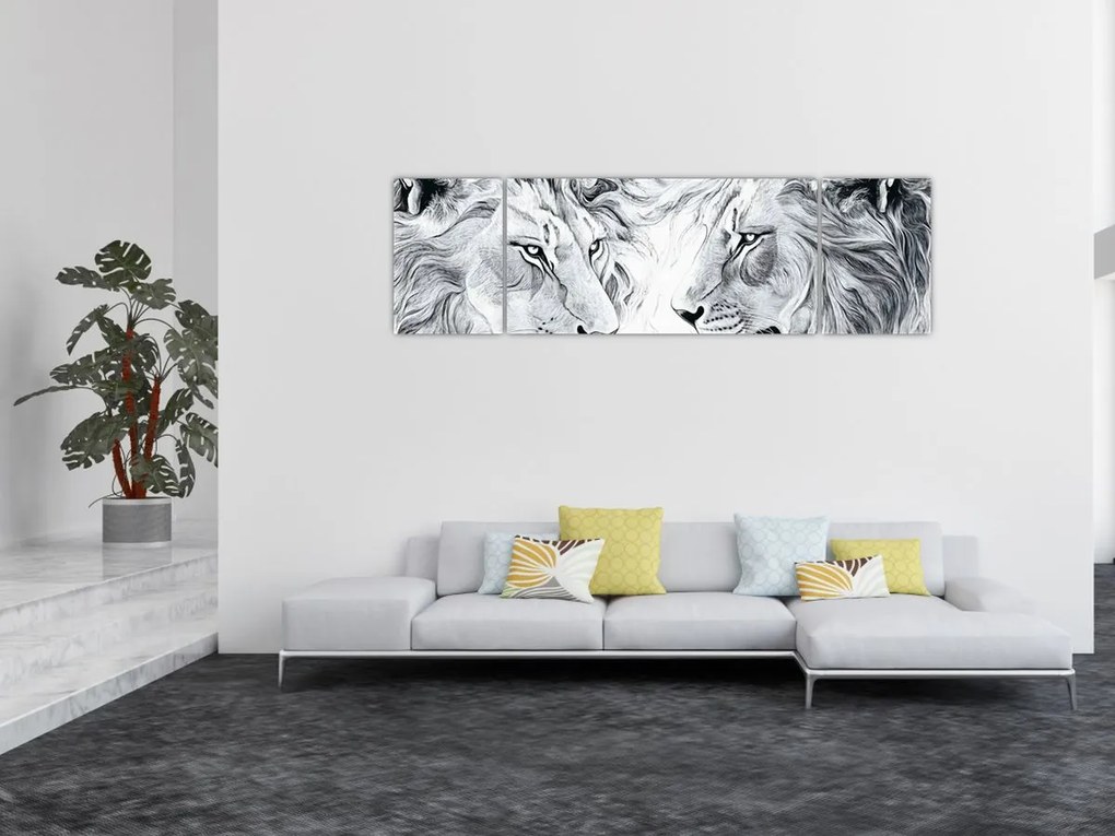 Obraz - Rysowane lwie głowy (170x50 cm)